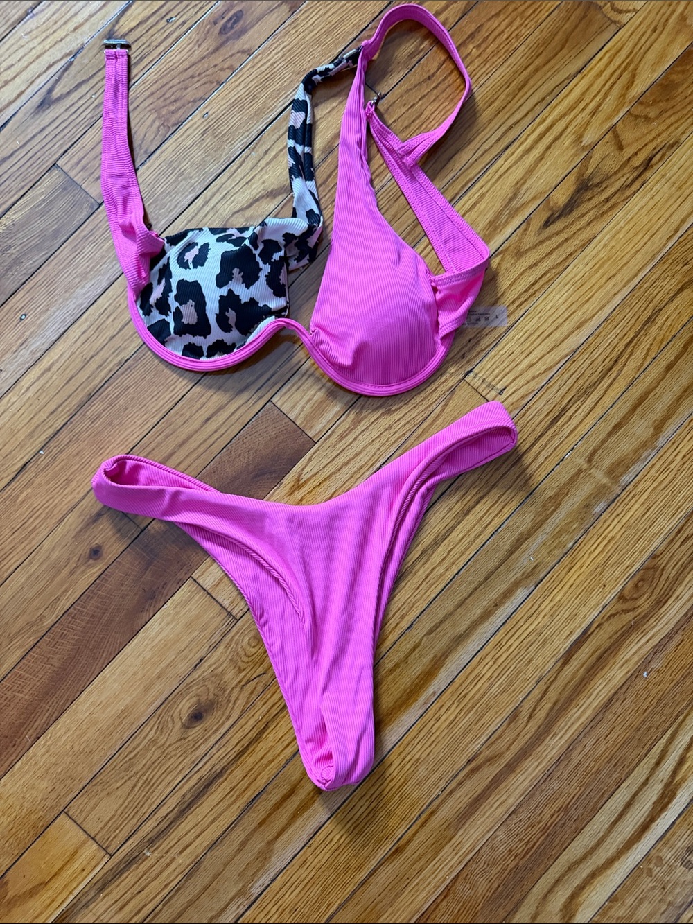 Bright Pink Two-Piece Bikini Set with Leopard Accent